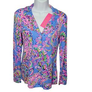 Lilly Pulitzer Pajama PJ Top Women XS Mermaid Grotto Knit Long Sleeve Button NEW